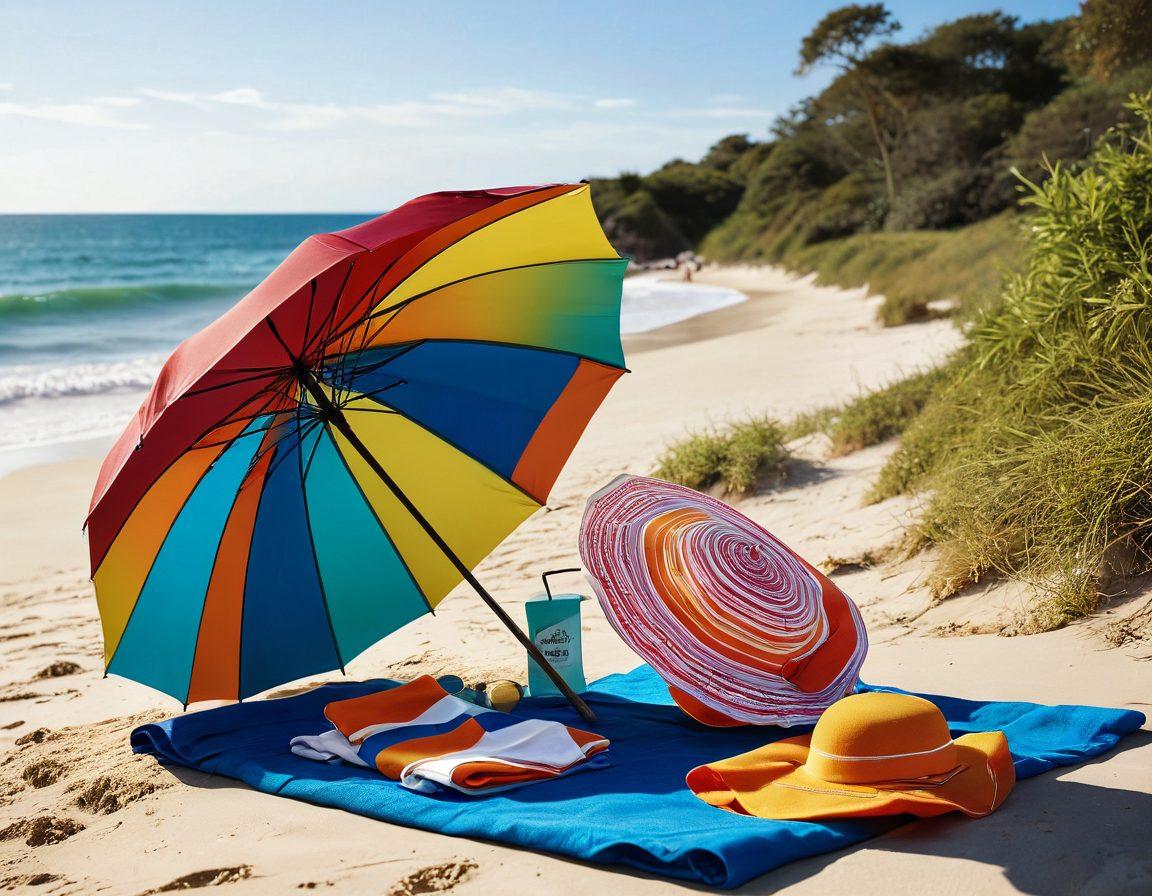A sun-soaked Texas beach scene showcasing vibrant and affordable swimwear options hanging on a colorful beach umbrella. Include playful waves gently lapping at the shore, with relaxing vacationers enjoying the sun. In the foreground, illustrate a stylish insurance brochure casually placed on a beach towel. The overall atmosphere should evoke a sense of fun and relaxation. super-realistic. vibrant colors. 3D.