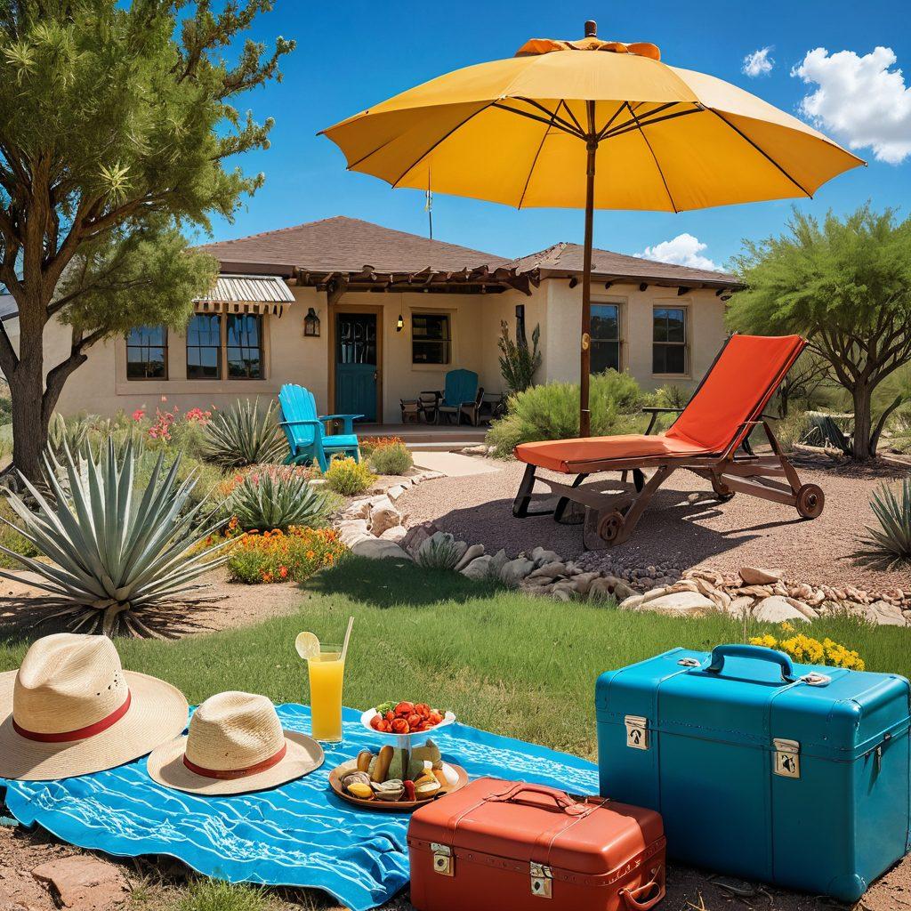 A serene Texas landscape with a bright blue sky, showcasing a picturesque ranch with cacti and wildflowers. In the foreground, depict a family enjoying a carefree picnic under a large umbrella, symbolizing protection and relaxation. Integrate subtle elements like a vintage suitcase labeled 'Vacation Insurance' and a sun hat to emphasize the theme of coverage. The atmosphere should evoke a sense of safety and joy, inviting travelers to explore. vibrant colors. super-realistic.
